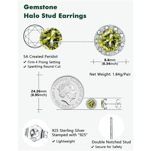 Peridot Earrings Round Cut Women | 925 Sterling Silver | August Birthstone - Picture 6 of 7